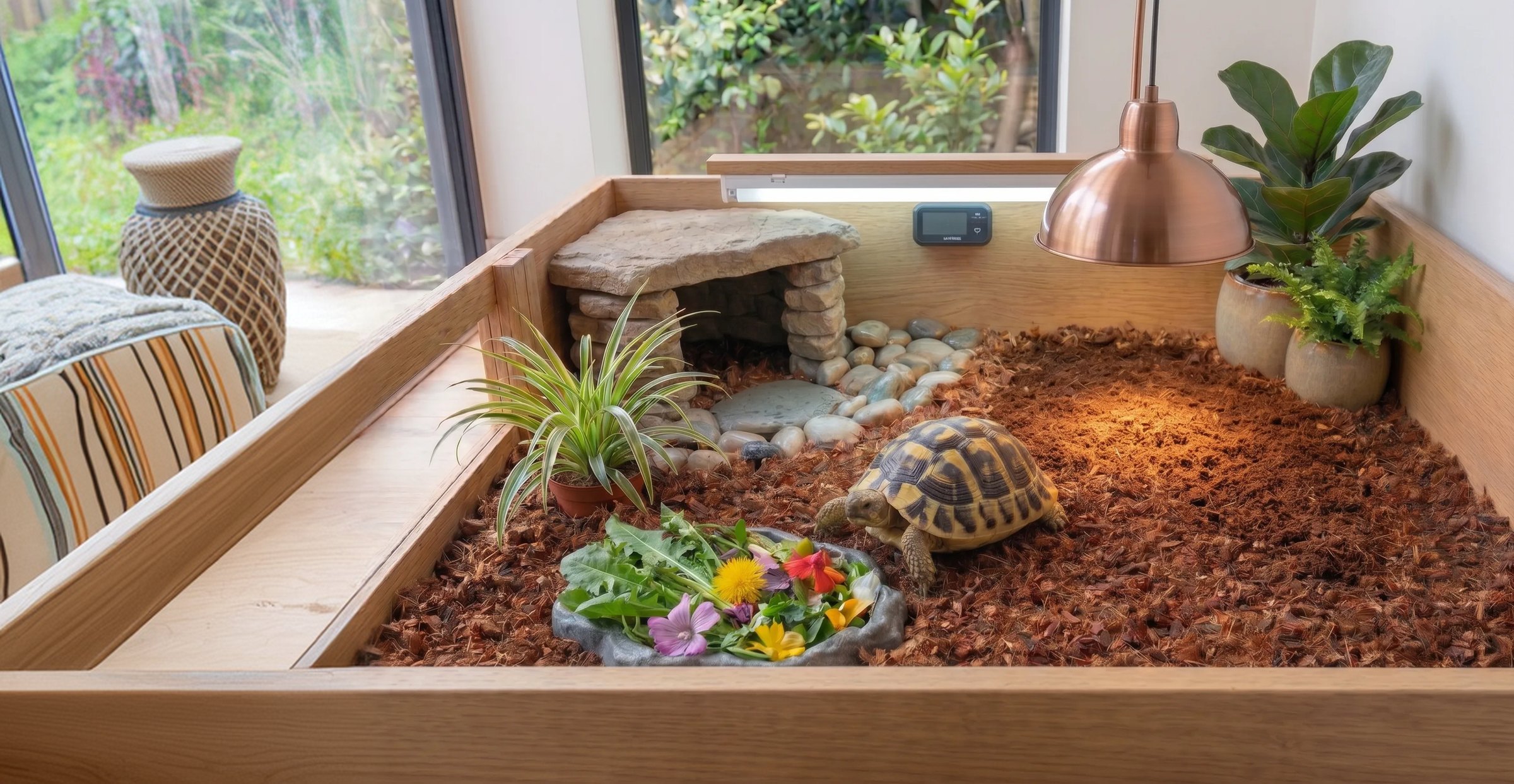 A tortoise in a tidy open-topped enclosure