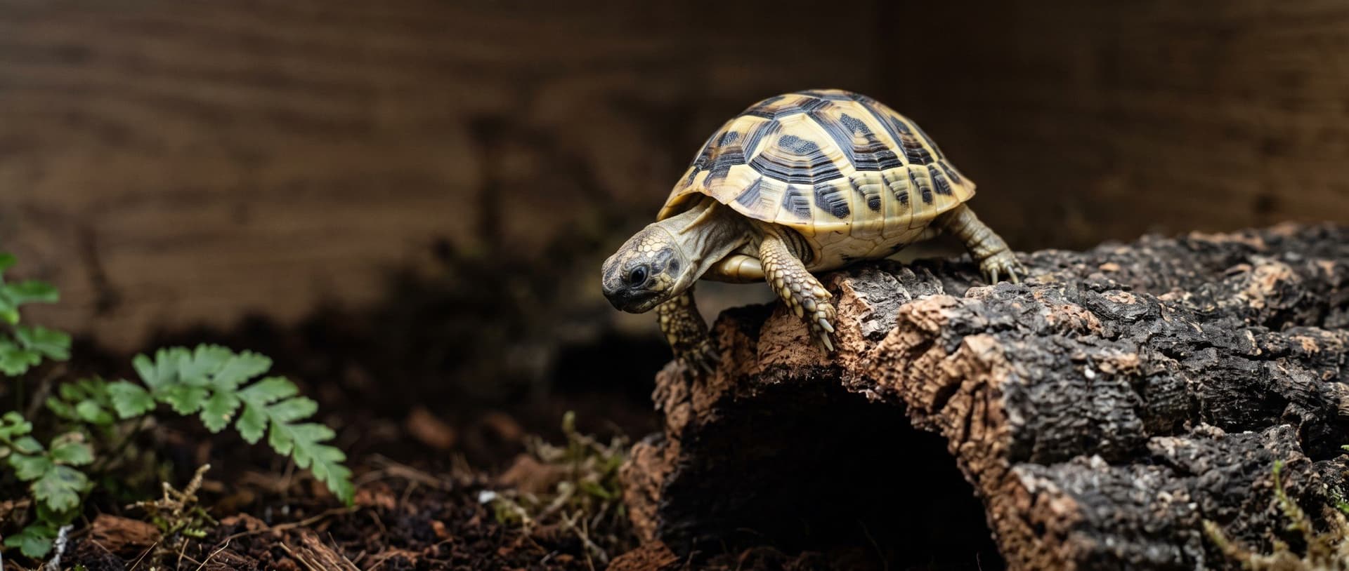 A tortoise walking along a cork log